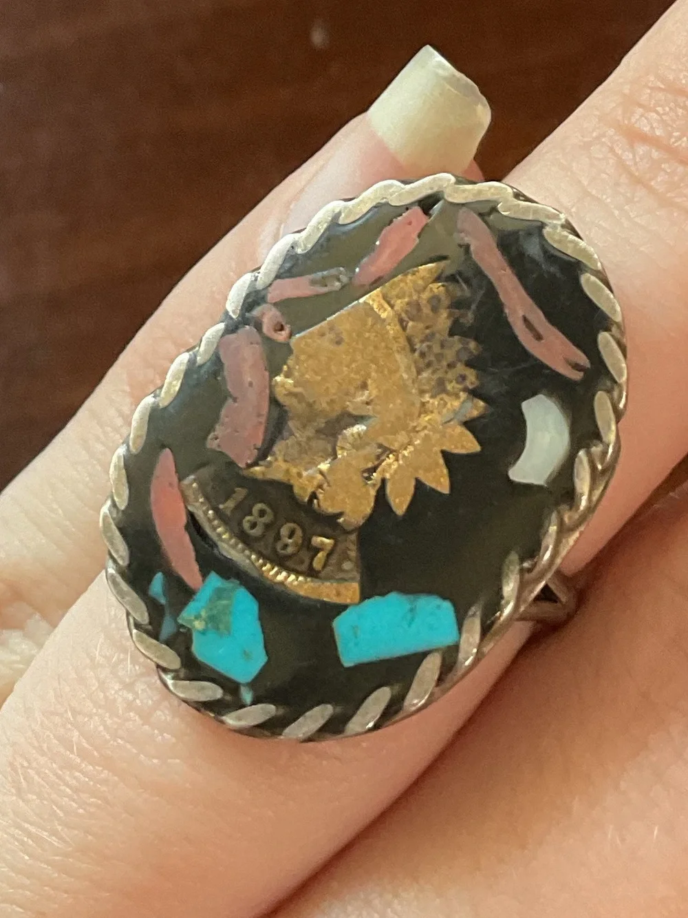 Vintage Sterling Native American Coin Gemstone Mosaic Inlay Ring Size 5.25